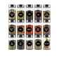 Spice jar label stickers on clear spice jars with circular black spice-name labels