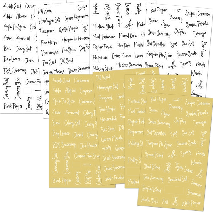 Transparent waterproof spice label sheets, two-color set with spice names printed