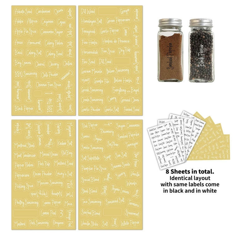 Transparent spice label sheets with 8-sheet identical layout; jars for spices
