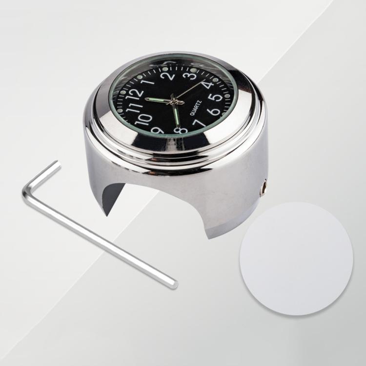 Motorcycle handlebar clock, silver round case with black dial, includes wrench and mount