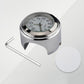 Motorcycle handlebar clock, silver round case with white dial, includes wrench and mount