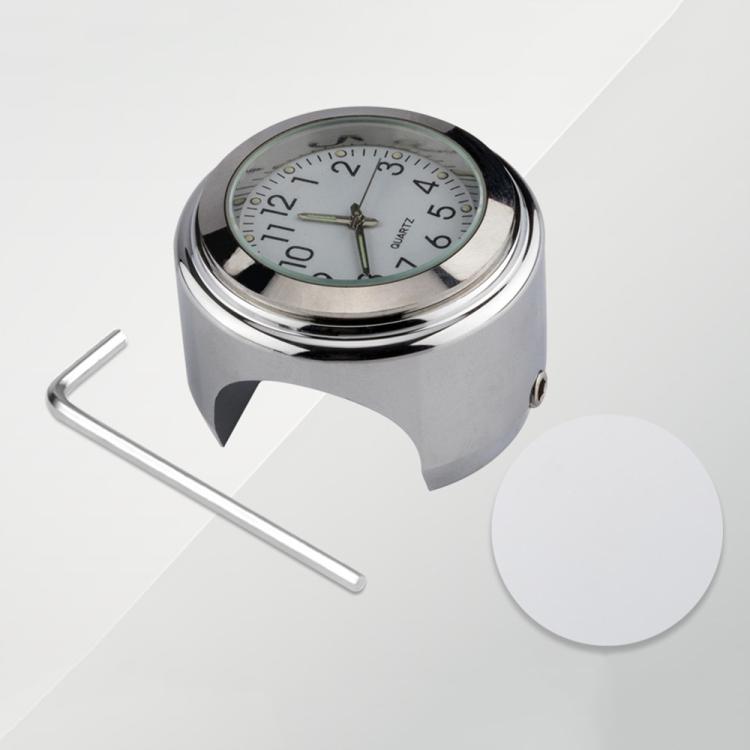 Motorcycle handlebar clock, silver round case with white dial, includes wrench and mount