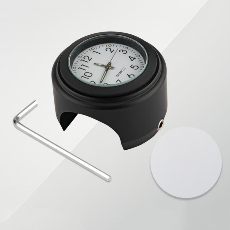 Motorcycle handlebar clock, black round case with white dial, includes wrench and mount