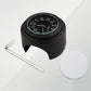 Motorcycle handlebar clock, black round case with black dial, includes wrench and mount