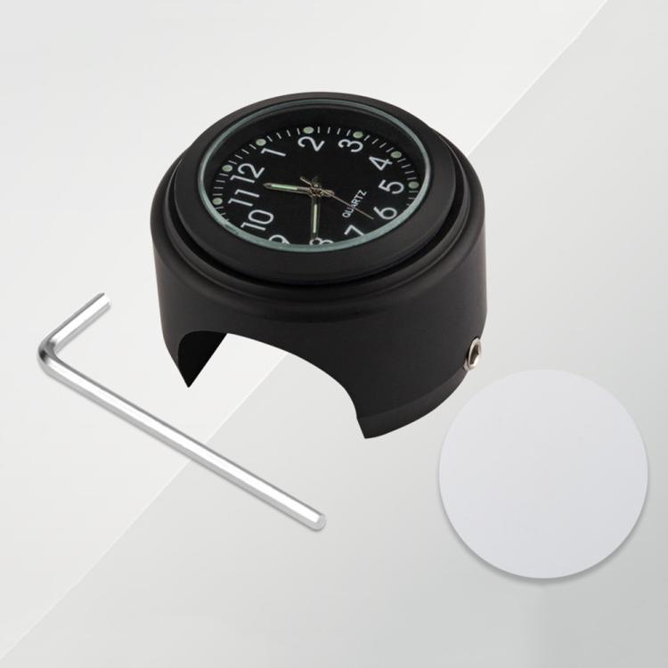 Motorcycle handlebar clock, black round case with black dial, includes wrench and mount