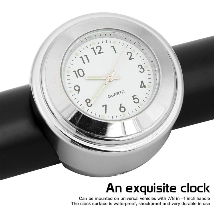 Motorcycle handlebar clock, silver round case with white analog dial and quartz markings