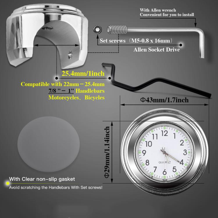 Motorcycle handlebar clock installation kit with Allen wrench, set screw mount, and clock