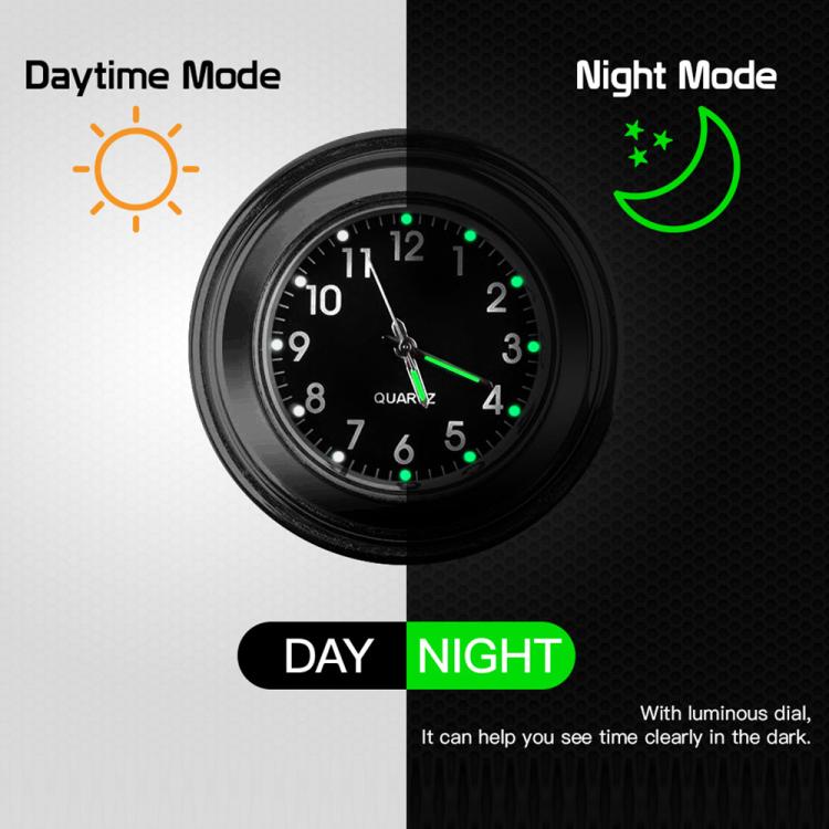 Motorcycle handlebar clock, black case with luminous dial markers for night visibility