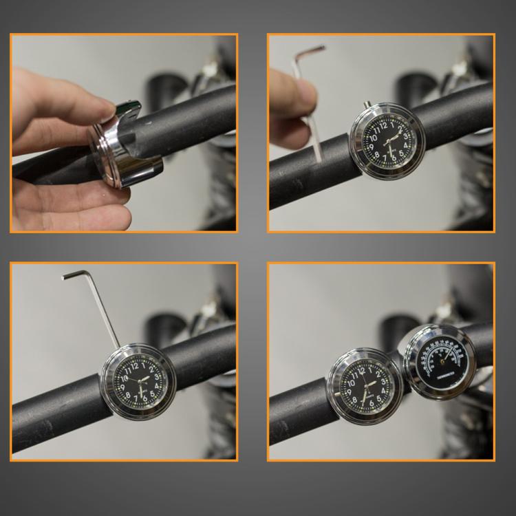 Motorcycle handlebar clock being installed on handlebar with mounting hardware and wrench
