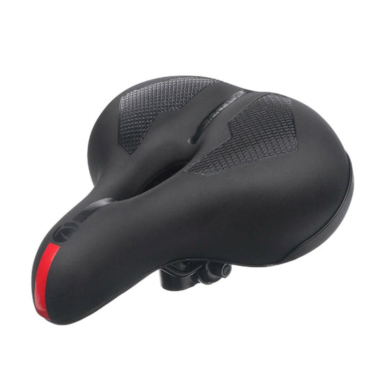 Black bike saddle with thick padding and textured panels, small red accent stripe.