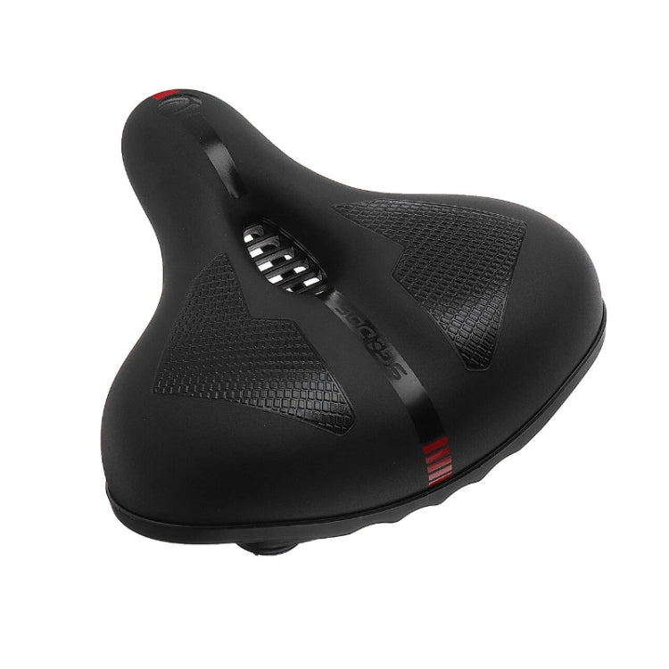 Black mountain bike saddle with textured grip sections and red accent stripe on side.