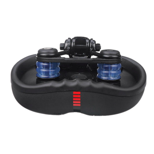 Black shock-absorbing bike saddle bottom with visible spring units in blue.