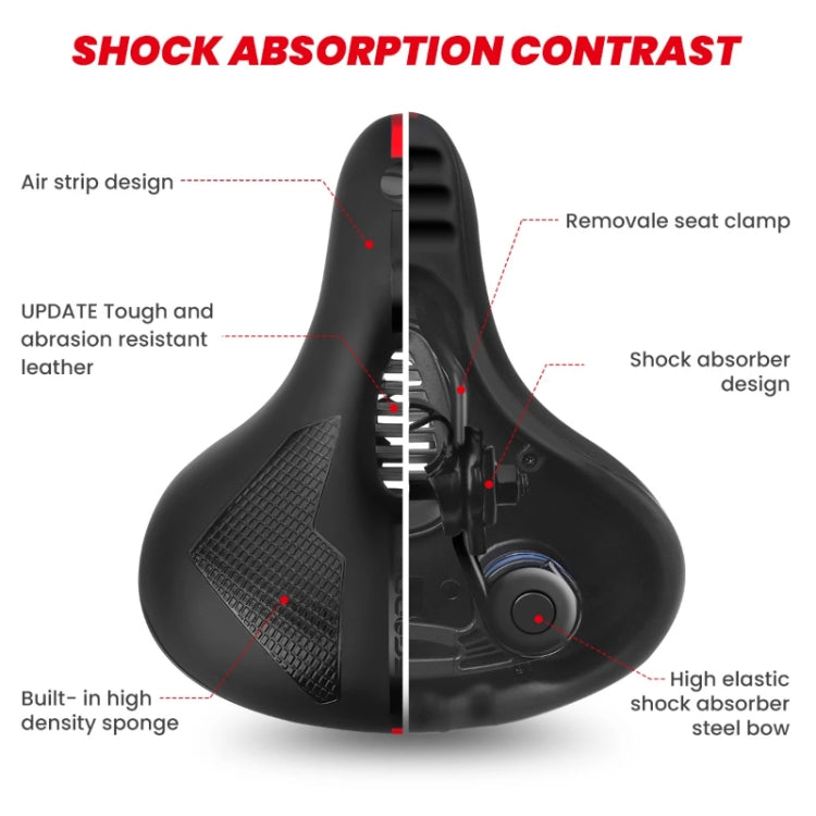 Black bike saddle with textured side pads and shock absorber design opening.
