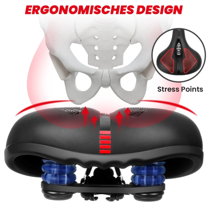 Black bike saddle with red center stripe and visible suspension springs underneath.