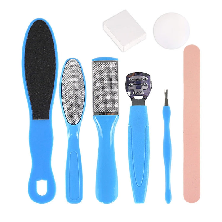 Foot care exfoliating pedicure tool set with blue handles and multiple grater files