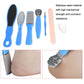Foot care tool set with blue-handled metal file, black emery foot file, and pink buff file