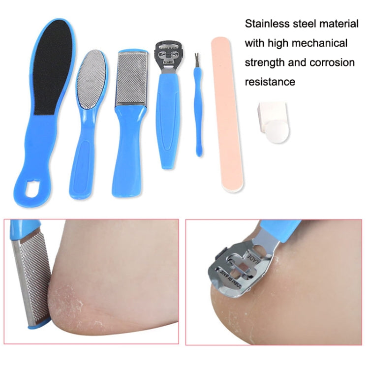 Foot care tool set with blue-handled metal file, black emery foot file, and pink buff file