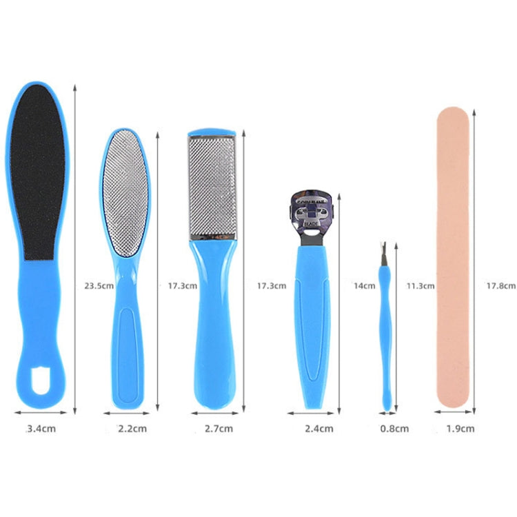 Blue-handled foot exfoliator tool set with multiple grater files and a long pink file