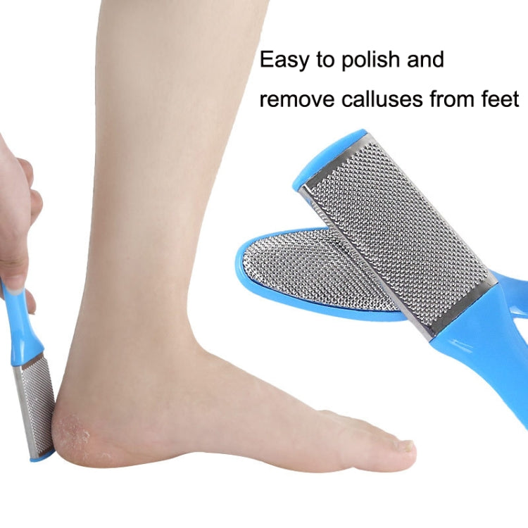 Blue-handled metal foot file exfoliating a heel callus on a bare foot