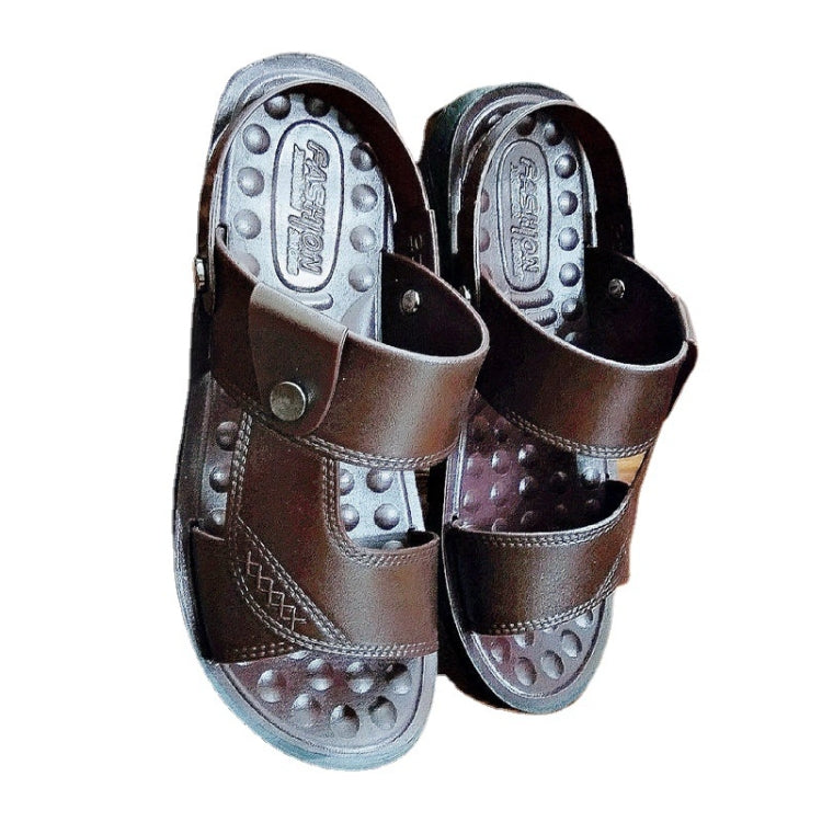 Brown men's sandals pair shown top view, two straps with metal studs, perforated detailing