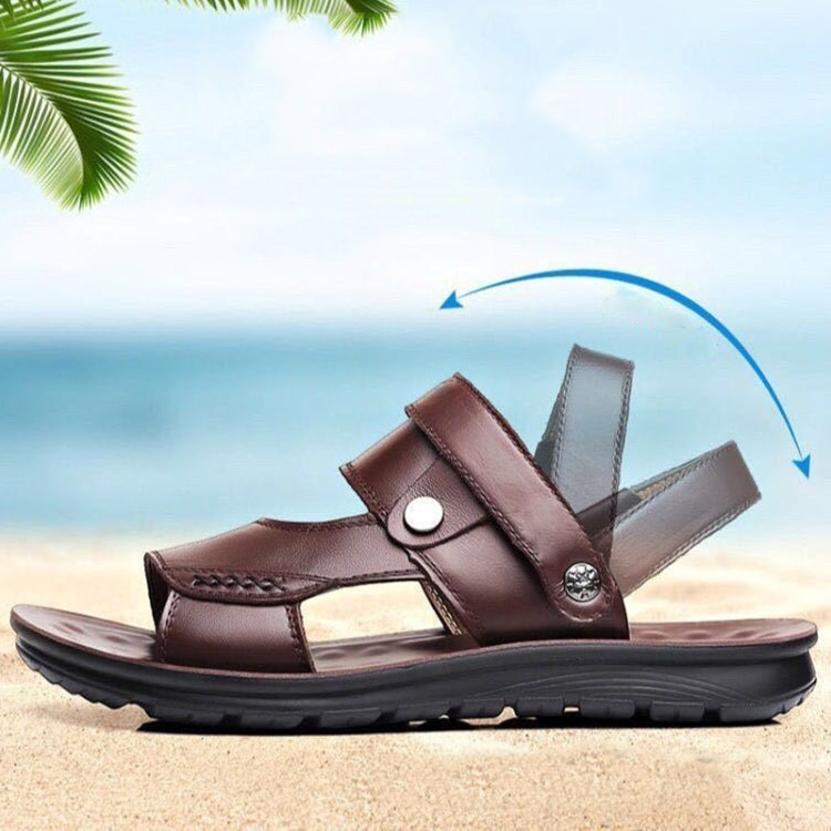 Men's brown non-slip sandals with dual straps and metal buckle, open-toe slide