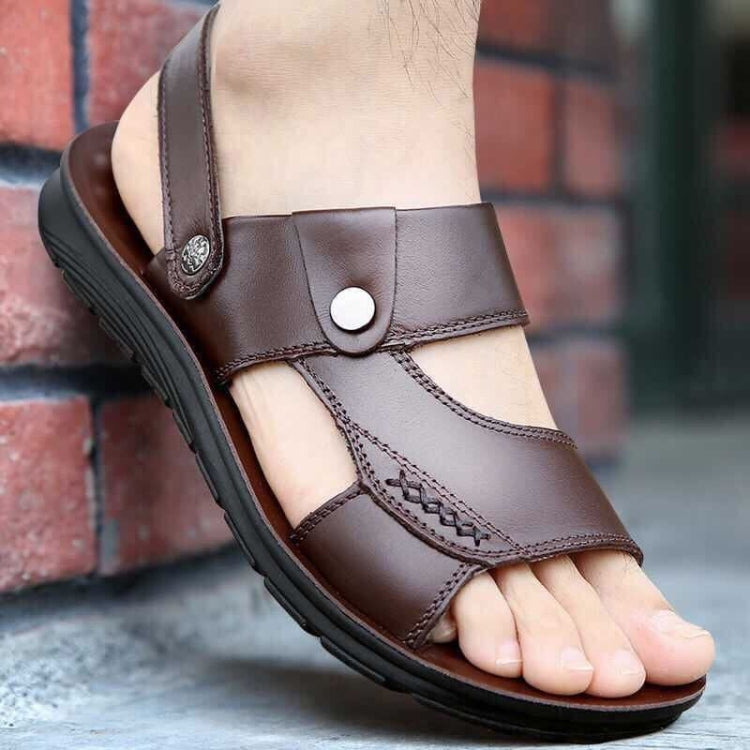 Men's coffee-brown leather-look slide sandals with dual straps and grippy sole