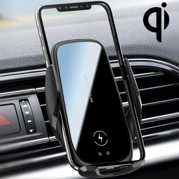 Black car air-vent wireless charging bracket with automatic clamp and curved phone cradle