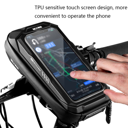 Black hard-shell bike phone bag with clear touchscreen cover and hand tapping the display
