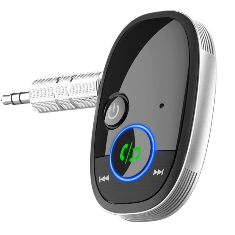 Black car Bluetooth audio receiver music player with power button and blue LED