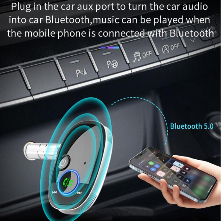 Car Bluetooth audio receiver connected to car AUX with smartphone for music playback