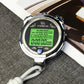 Wrist-worn metal luminous stopwatch with green LCD showing split and lap timing