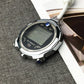Metal luminous stopwatch back view with dark LCD screen and strap attachment