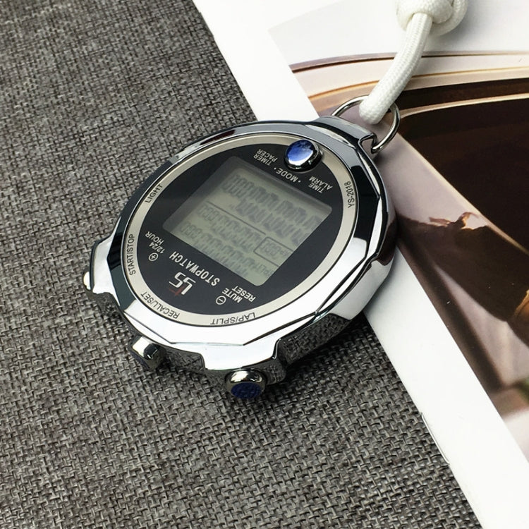 Metal luminous stopwatch back view with dark LCD screen and strap attachment