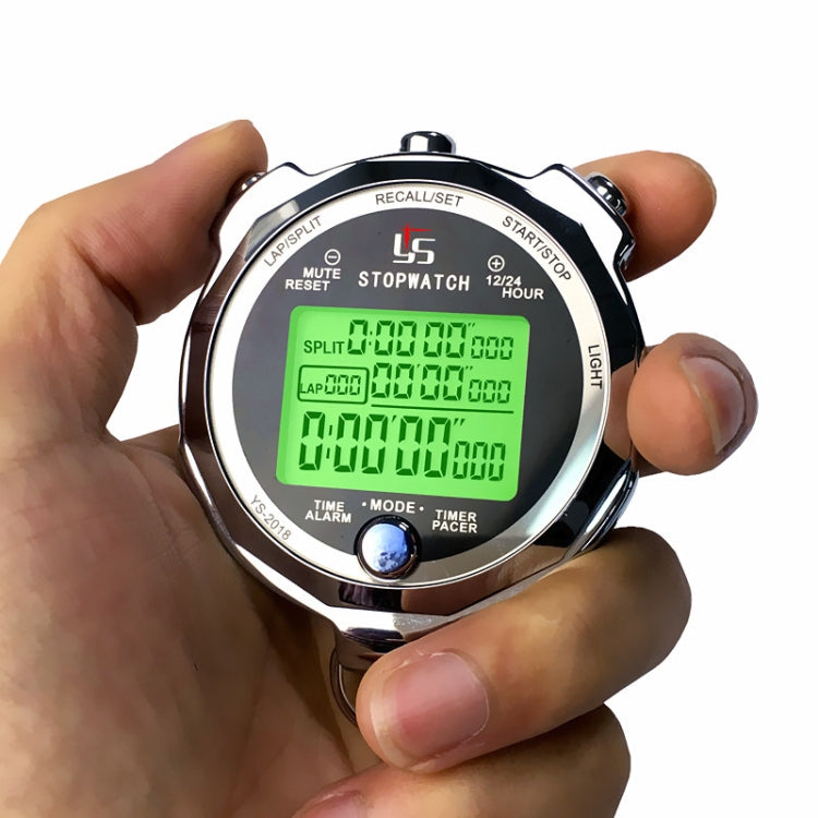 Metal luminous stopwatch in hand with bright green LCD, start/stop and mode buttons