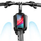 Black bicycle handlebar bag with clear phone window and textured side panels