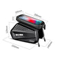 Black front bicycle beam bag with clear phone window, zipper, and mounting clips