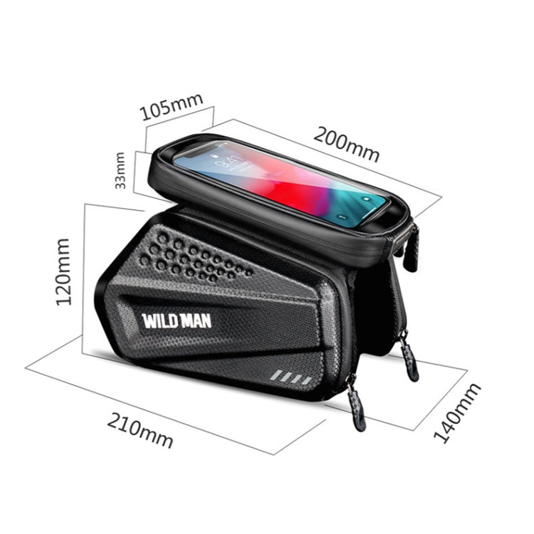Black front bicycle beam bag with clear phone window, zipper, and mounting clips