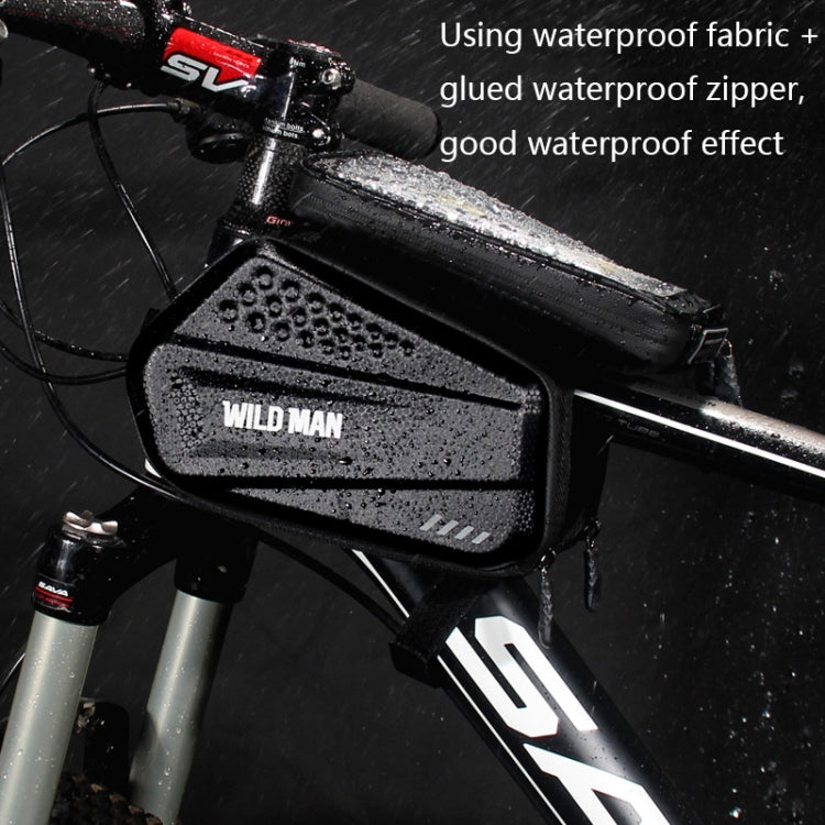 Black bicycle front bag with textured fabric, zipper track, and phone window