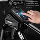 Black bicycle front bag with clear touch-screen phone window and zippered pocket