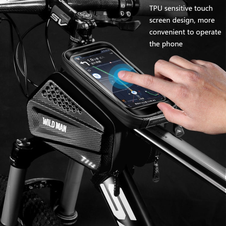 Black bicycle front bag with clear touch-screen phone window and zippered pocket