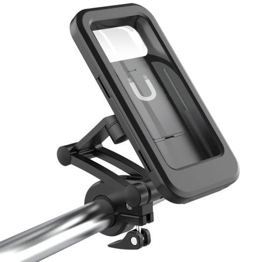 Bicycle phone holder with waterproof bag-style case, black, on handlebar mount