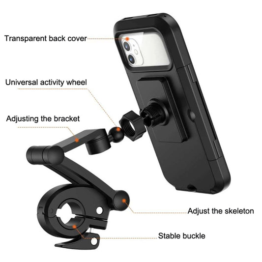 Black bike phone holder with clear back cover window and adjustable bracket arms