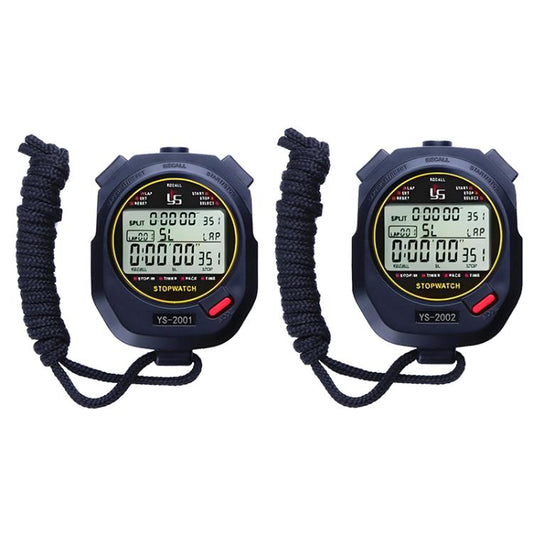 Pair of digital running stopwatches with lanyards, front LCD displays