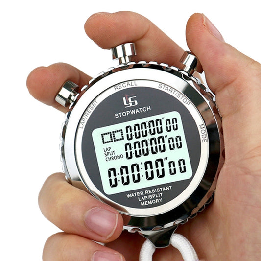 Metal stopwatch with round bezel, LCD screen showing split and count times, in hand