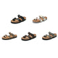 Mixed-color cork flip-flop sandals set with adjustable buckles, open toe, flat sole.