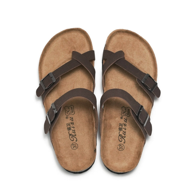 Dark-brown cork slide sandals for the pair with two buckle straps and open toe.