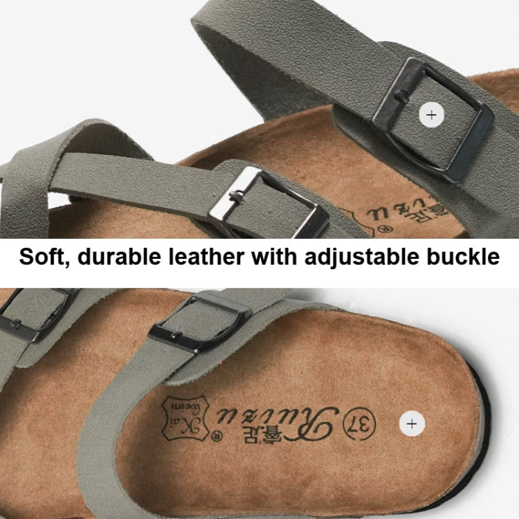 Adjustable buckle cork slide sandals with soft footbed and two strap closures, close-up.