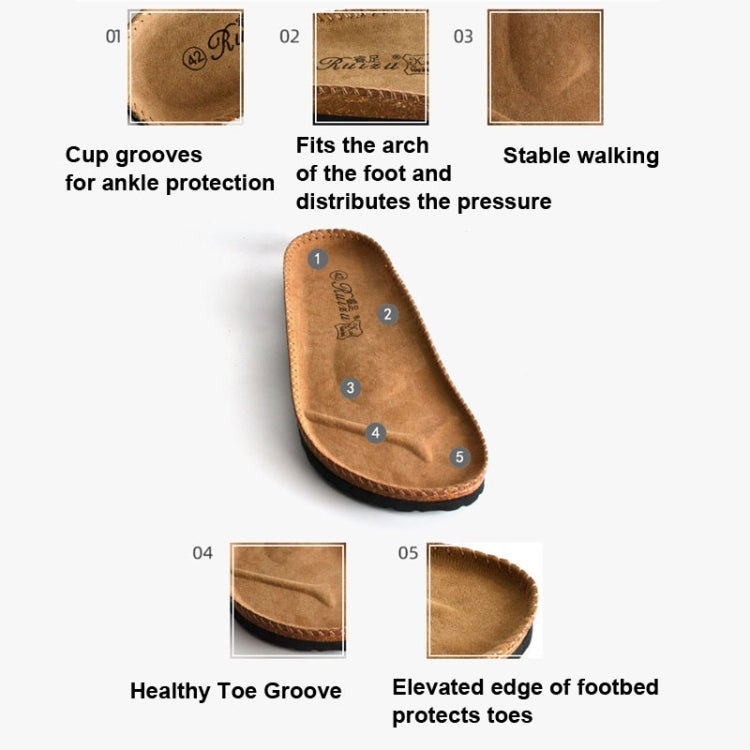 Cork slide sandal diagram showing arch fit and toe groove with raised toe edge.
