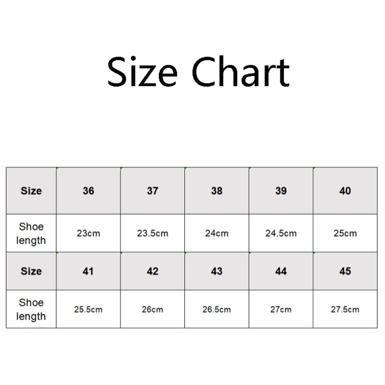 Shoe size chart table showing shoe lengths for sizes 36 to 45