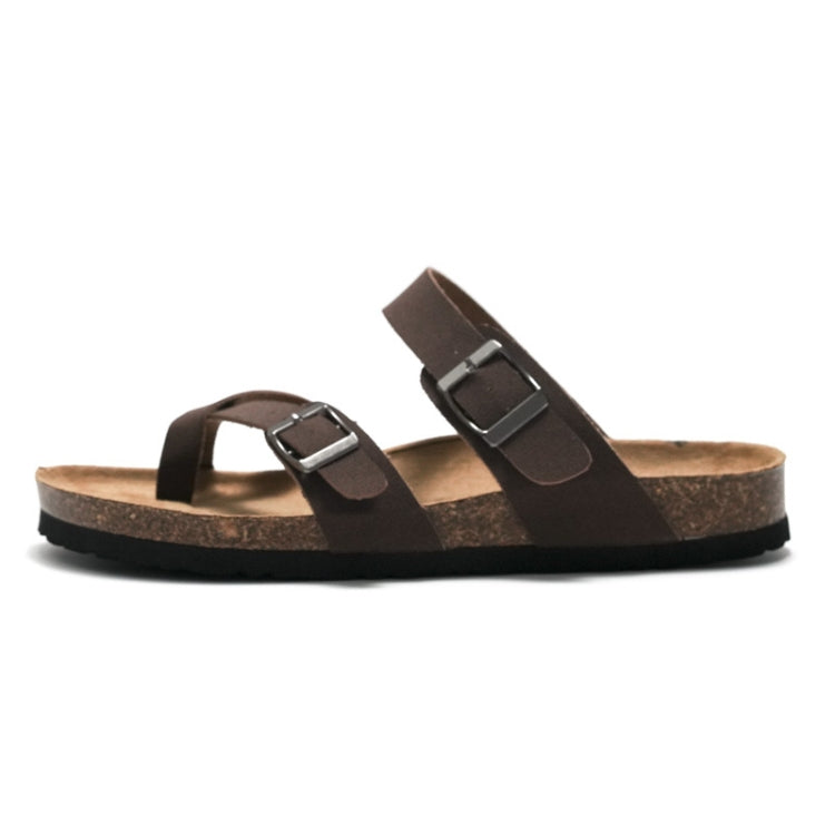 Brown cork slide sandals with double straps and buckles, open toe